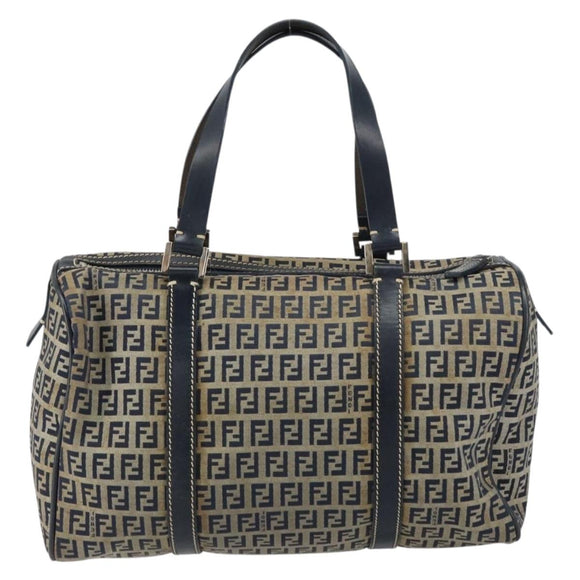 FENDI Zucchino Canvas Hand Bag Navy Silver Auth 159400