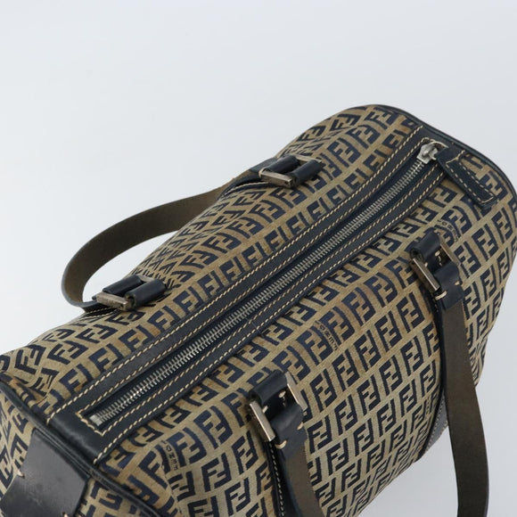 FENDI Zucchino Canvas Hand Bag Navy Silver Auth 159400