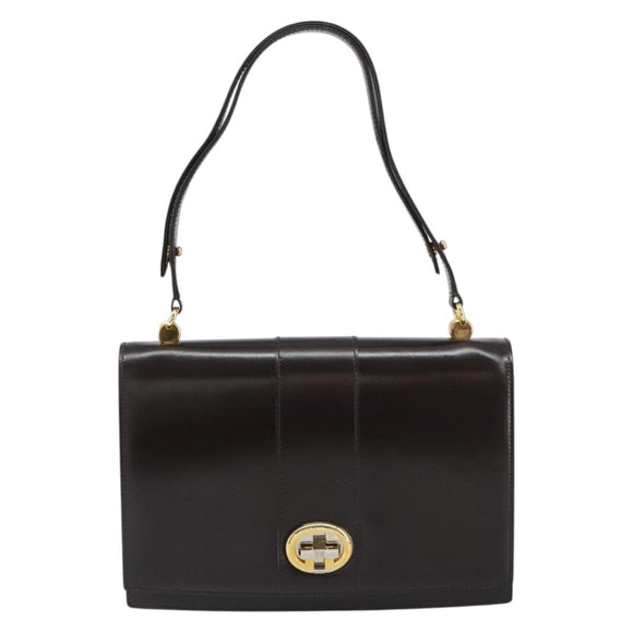 GUCCI Shoulder Bag Leather Dark Brown Gold Auth 159402