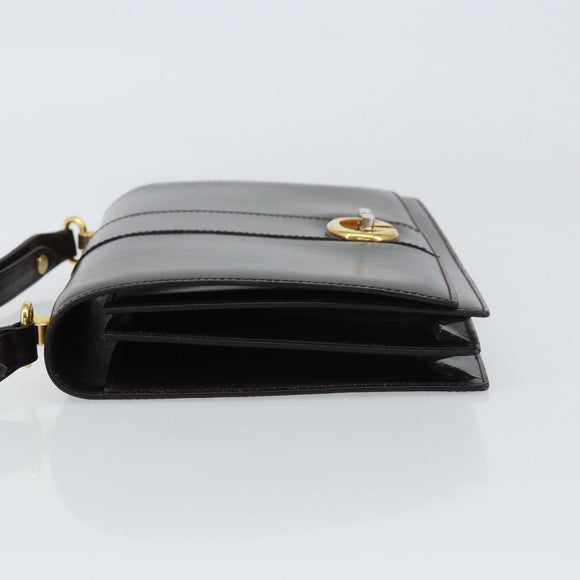 GUCCI Shoulder Bag Leather Dark Brown Gold Auth 159402