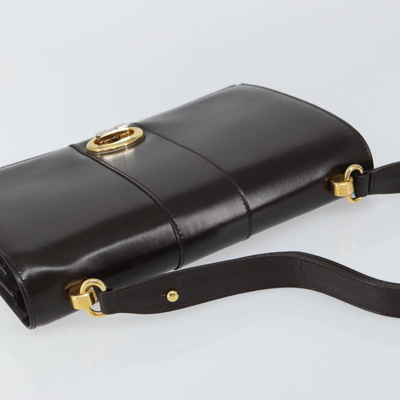 GUCCI Shoulder Bag Leather Dark Brown Gold Auth 159402