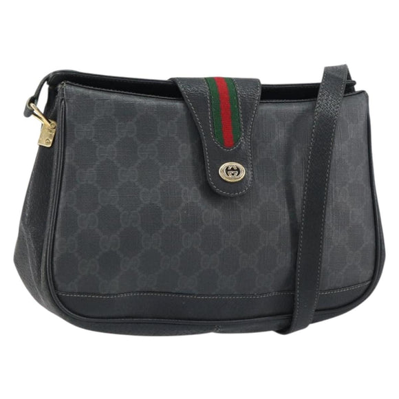 GUCCI GG Supreme Web Sherry Line Bag PVC Black Gold 116 02 076 Auth 159403