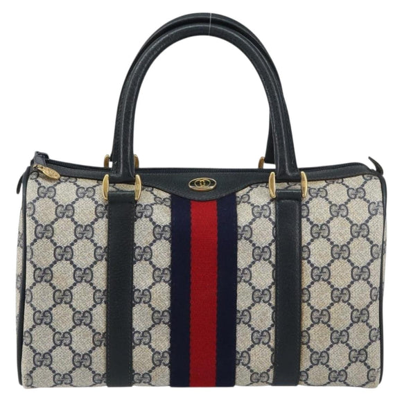 GUCCI GG Supreme Sherry Line Boston Bag PVC Navy Gold 69 02 006 Auth 159404