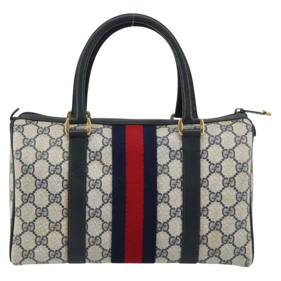 GUCCI GG Supreme Sherry Line Boston Bag PVC Navy Gold 69 02 006 Auth 159404
