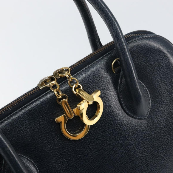Salvatore Ferragamo Gancini Hand Bag Leather Navy Gold Auth 159421
