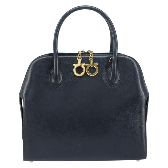 Salvatore Ferragamo Gancini Hand Bag Leather Navy Gold Auth 159421