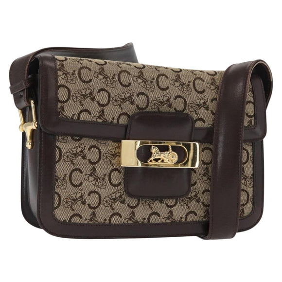 CELINE C Sulky Horse Carriage Shoulder Bag Canvas Beige Gold Auth 159431