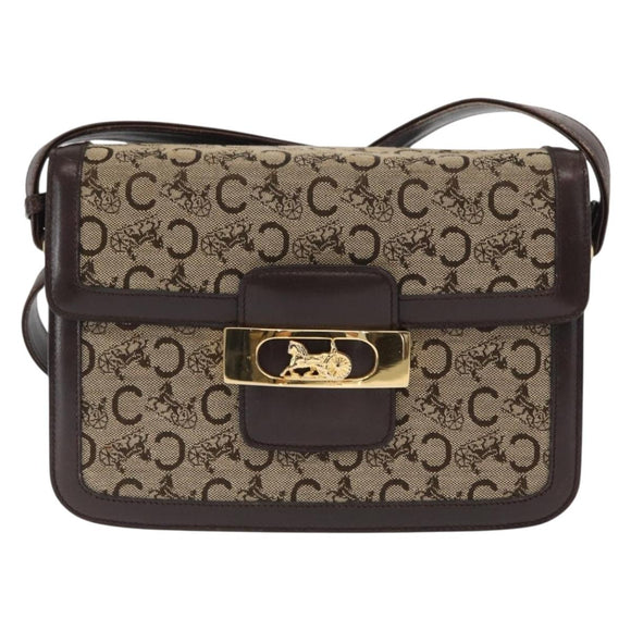 CELINE C Sulky Horse Carriage Shoulder Bag Canvas Beige Gold Auth 159431