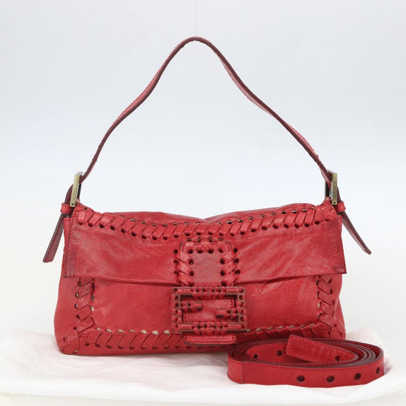 FENDI Mamma Baguette Shoulder Bag Leather 2way Red Gold Auth 159444SM