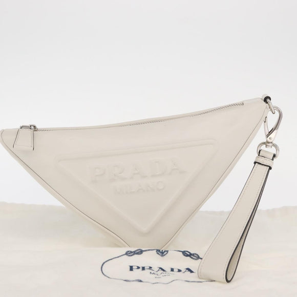PRADA Clutch Tasche Leder Silber Weiß Auth 159445V
