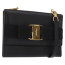 Salvatore Ferragamo Shoulder Wallet Vala Leather Black Gold Auth 159452-1