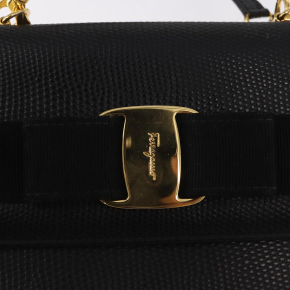Salvatore Ferragamo Shoulder Wallet Vala Leather Black Gold Auth 159452