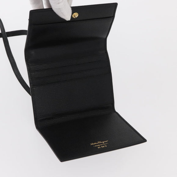 Salvatore Ferragamo Shoulder Wallet Vala Leather Black Gold Auth 159452