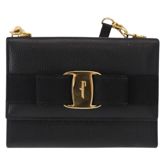 Salvatore Ferragamo Shoulder Wallet Vala Leather Black Gold Auth 159452