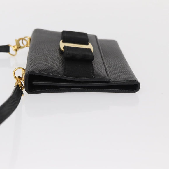 Salvatore Ferragamo Shoulder Wallet Vala Leather Black Gold Auth 159452