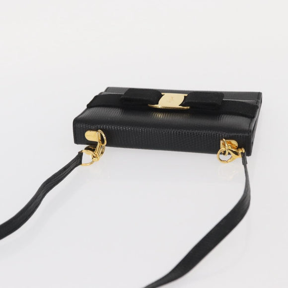 Salvatore Ferragamo Shoulder Wallet Vala Leather Black Gold Auth 159452