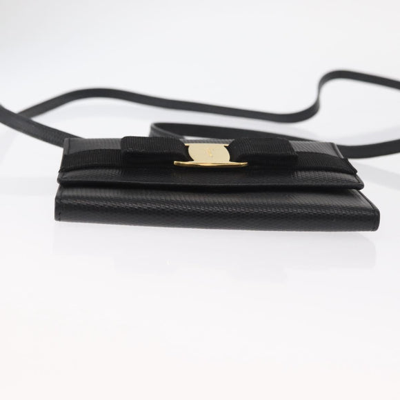 Salvatore Ferragamo Shoulder Wallet Vala Leather Black Gold Auth 159452