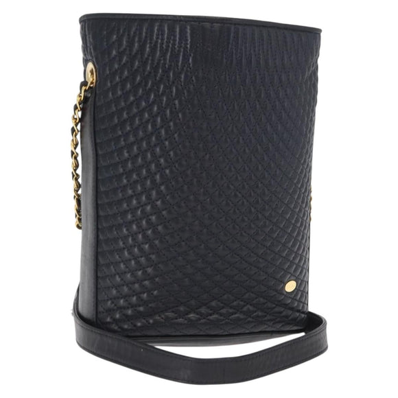 BALLY Chain Shoulder Bag Leather Navy Gold Auth 159580