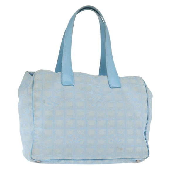 CHANEL New Travel Line Tote Bag Nylon Light Blue Silver CC Auth 159581
