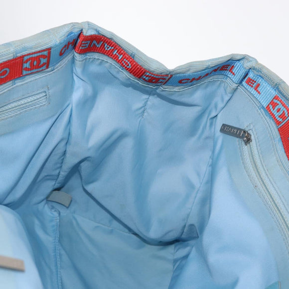 CHANEL New Travel Line Tote Bag Nylon Light Blue Silver CC Auth 159581