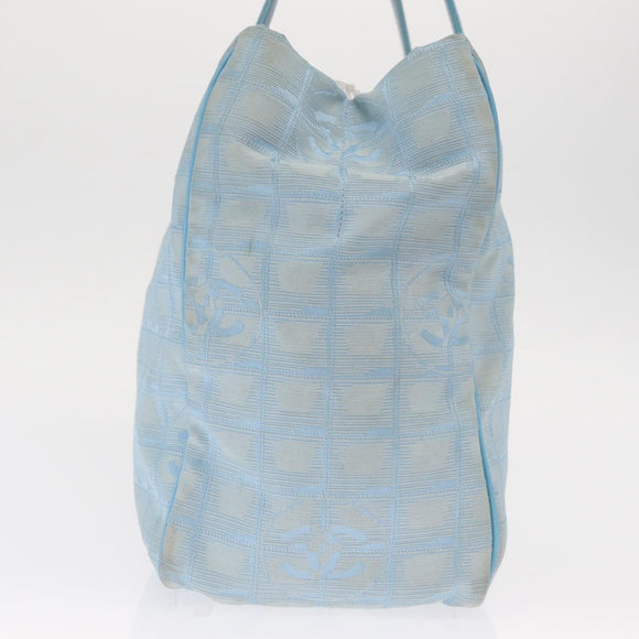 CHANEL New Travel Line Tote Bag Nylon Light Blue Silver CC Auth 159581