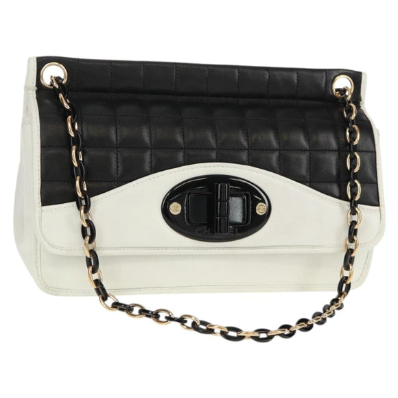 CHANEL Choco Bar Chain Shoulder Bag Lamb Skin Black White CC Auth 159582V