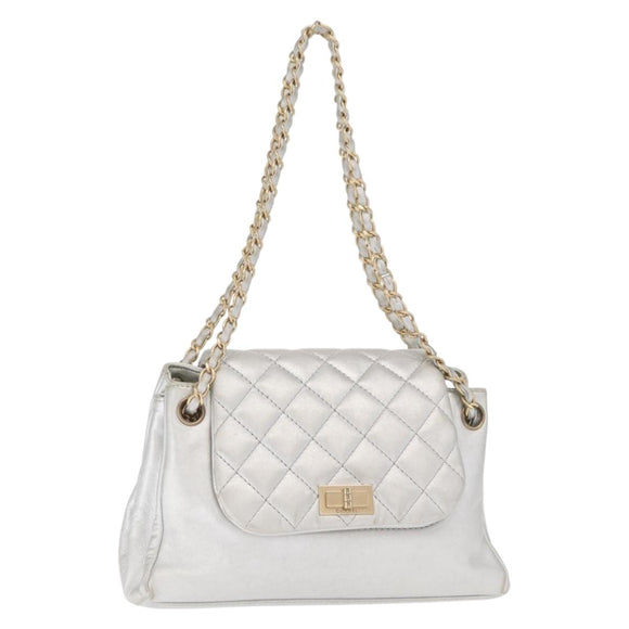 CHANEL 2.55 Matelasse Chain Shoulder Bag Calf Skin Silver Gold CC Auth 159583