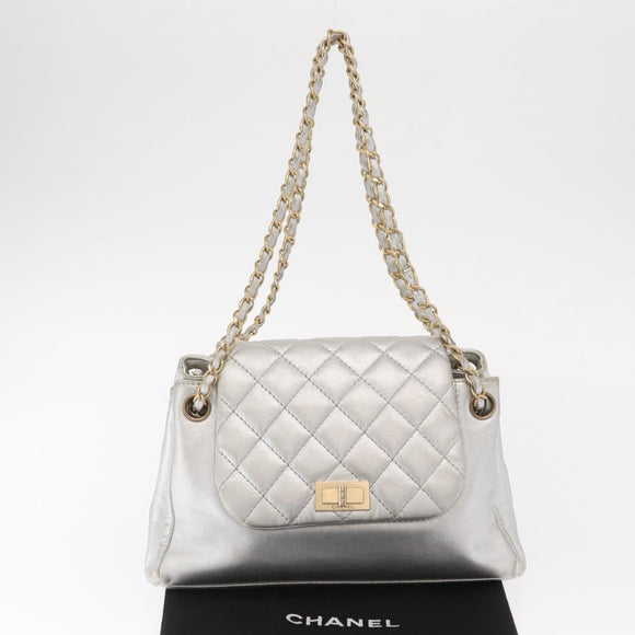 CHANEL 2.55 Matelasse Chain Shoulder Bag Calf Skin Silver Gold CC Auth 159583
