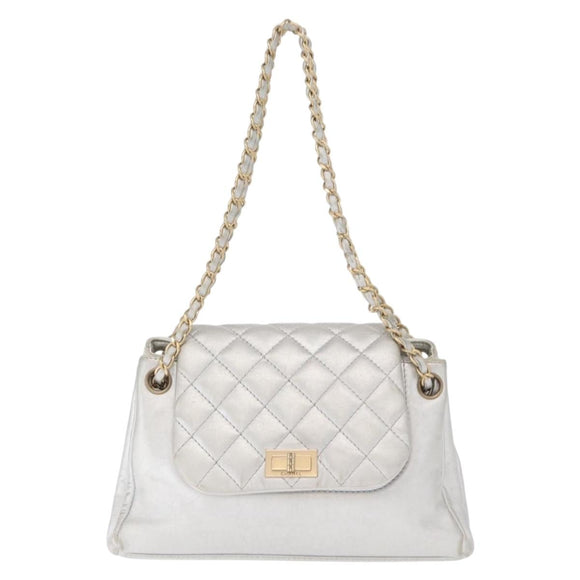 CHANEL 2.55 Matelasse Chain Shoulder Bag Calf Skin Silver Gold CC Auth 159583