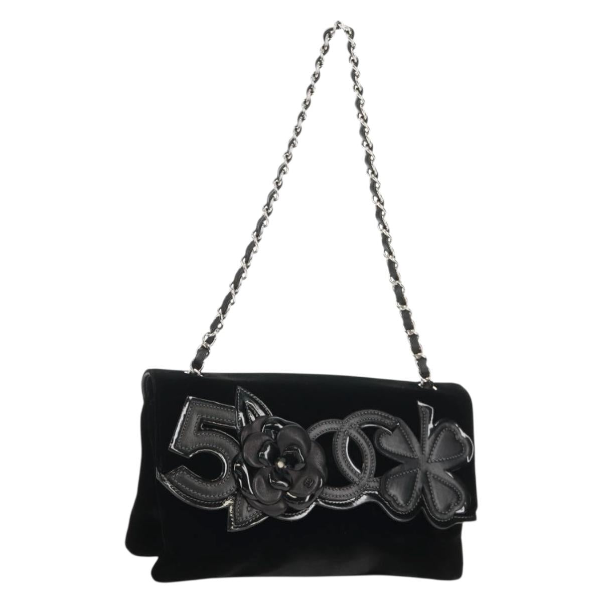 CHANEL Chain Camellia No.5 Shoulder Bag Velor Black Silver CC Auth