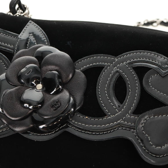 CHANEL Schoudertas met ketting Camellia No.5 Velours Zwart Zilveren CC Auth 159584V