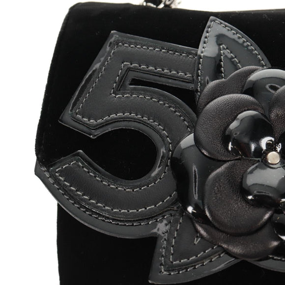 CHANEL Schoudertas met ketting Camellia No.5 Velours Zwart Zilveren CC Auth 159584V