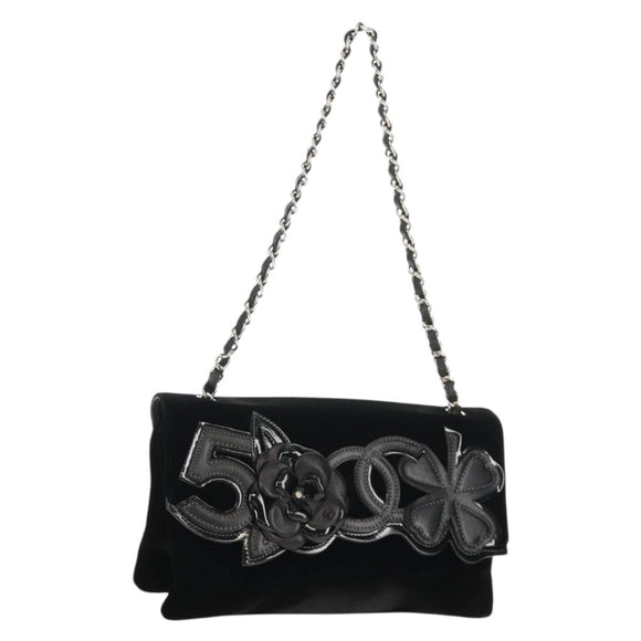 CHANEL Schoudertas met ketting Camellia No.5 Velours Zwart Zilveren CC Auth 159584V