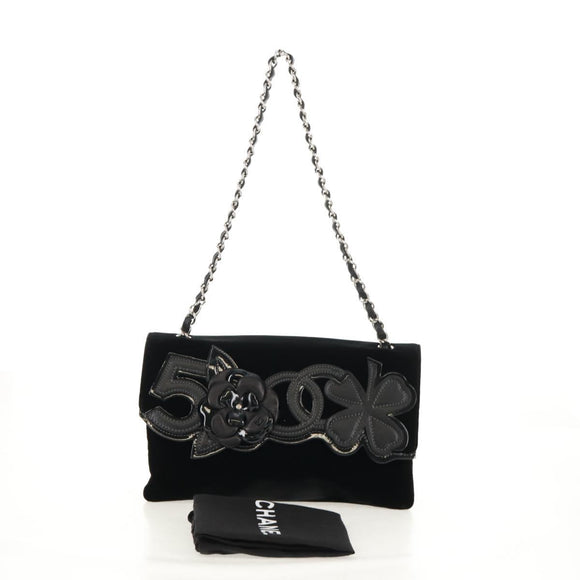 CHANEL Schoudertas met ketting Camellia No.5 Velours Zwart Zilveren CC Auth 159584V