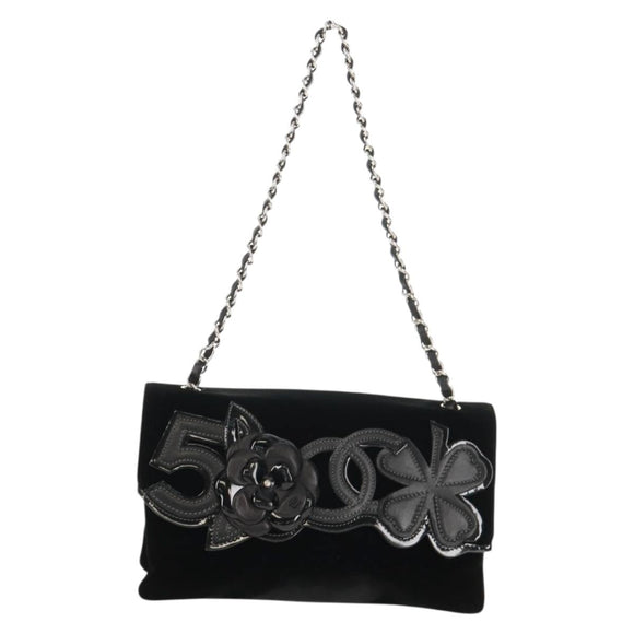 CHANEL Schoudertas met ketting Camellia No.5 Velours Zwart Zilveren CC Auth 159584V