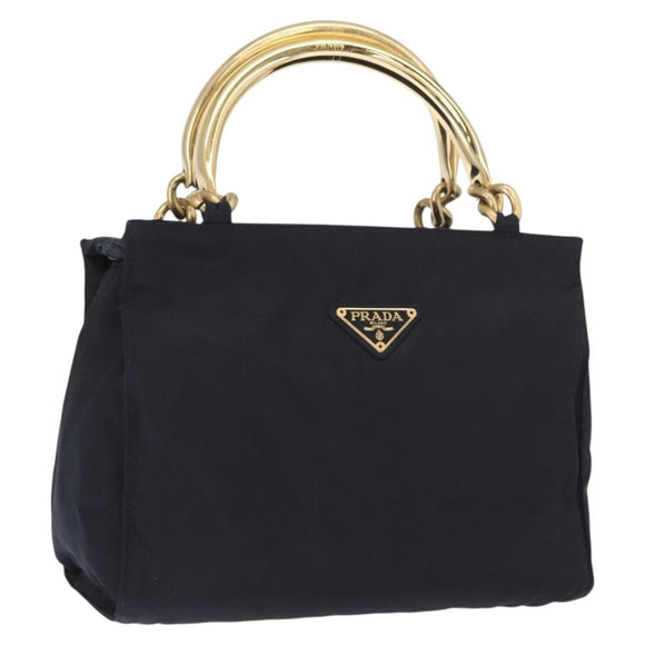 PRADA Hand Bag Nylon Navy Gold Auth 159587