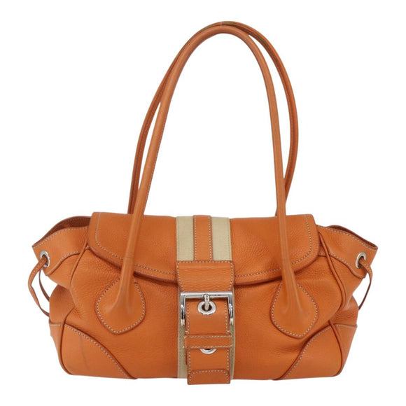 PRADA Hand Bag Leather Orange Gold Auth 159719