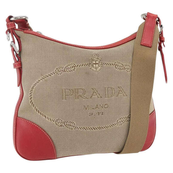 PRADA Shoulder Bag Canvas Beige Silver Auth 159720