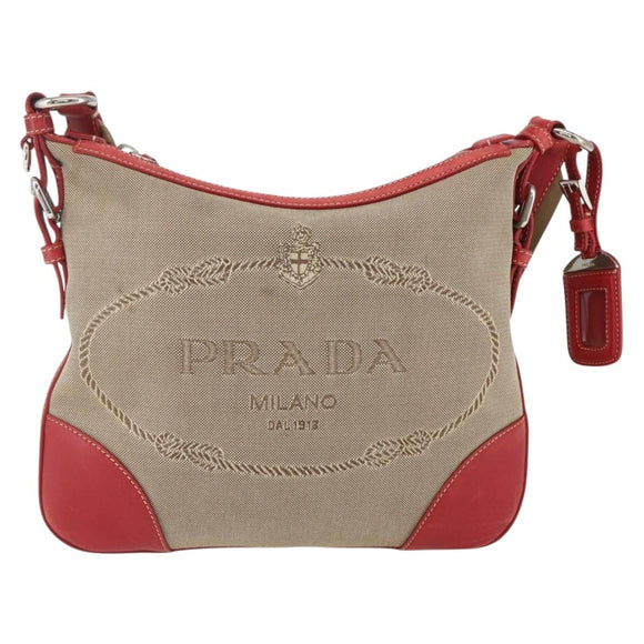 PRADA Shoulder Bag Canvas Beige Silver Auth 159720