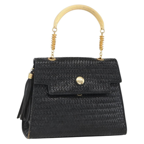 FENDI Hand Bag Leather Black Gold Auth 159731