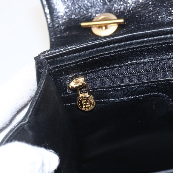FENDI Hand Bag Leather Black Gold Auth 159731