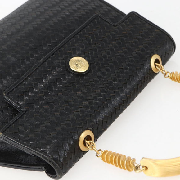 FENDI Hand Bag Leather Black Gold Auth 159731
