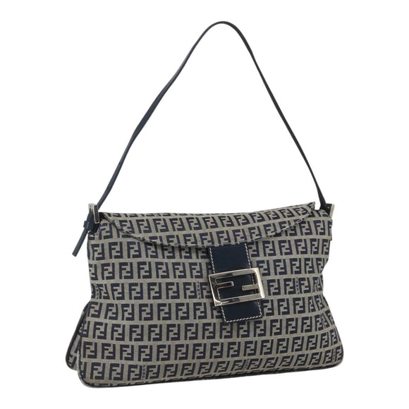 FENDI Zucchino Canvas Shoulder Bag Navy Silver Auth 159737