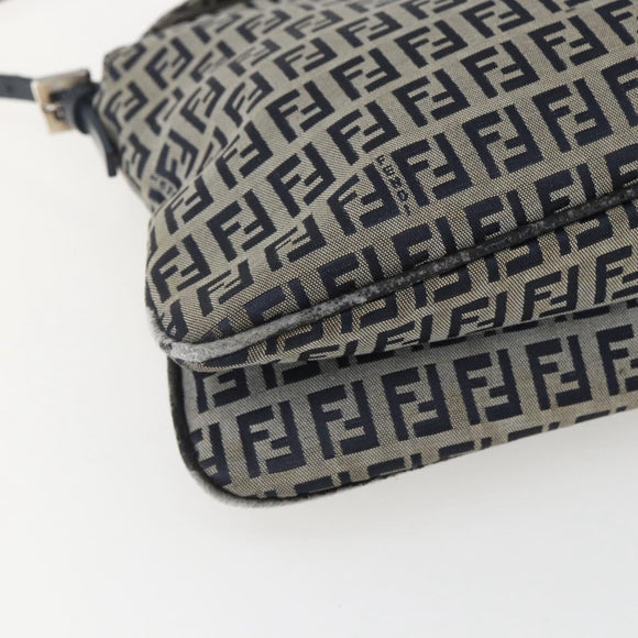 FENDI Zucchino Canvas Shoulder Bag Navy Silver Auth 159737