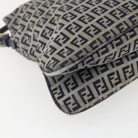 FENDI Zucchino Canvas Shoulder Bag Navy Silver Auth 159737