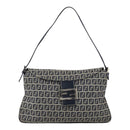 FENDI Zucchino Canvas Shoulder Bag Navy Silver Auth 159737-2