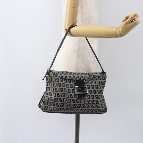 FENDI Zucchino Canvas Shoulder Bag Navy Silver Auth 159737