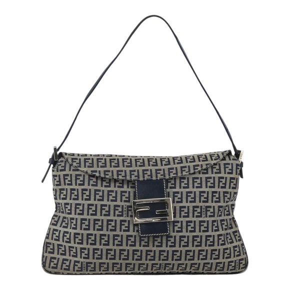 FENDI Zucchino Canvas Shoulder Bag Navy Silver Auth 159737
