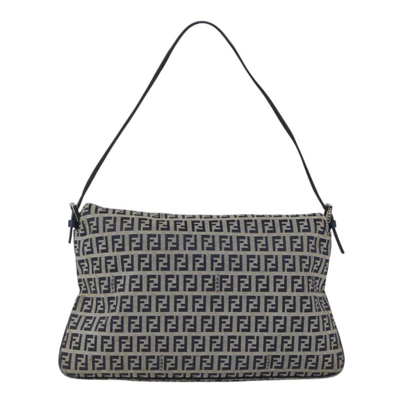 FENDI Zucchino Canvas Shoulder Bag Navy Silver Auth 159737