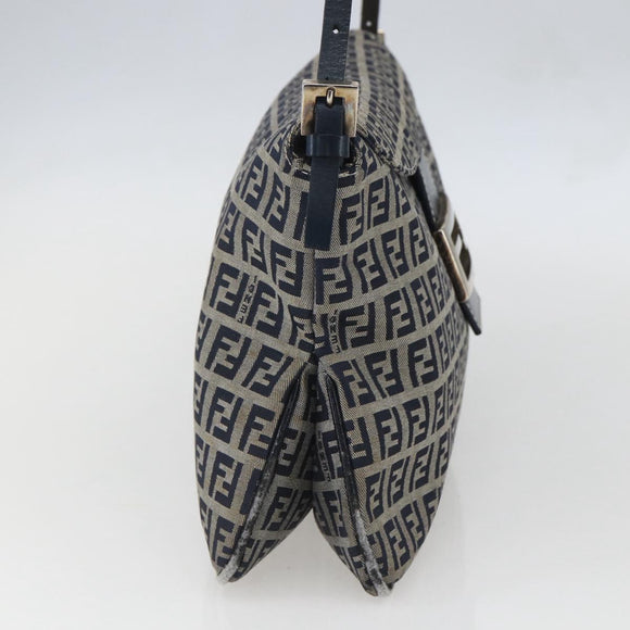 FENDI Zucchino Canvas Shoulder Bag Navy Silver Auth 159737